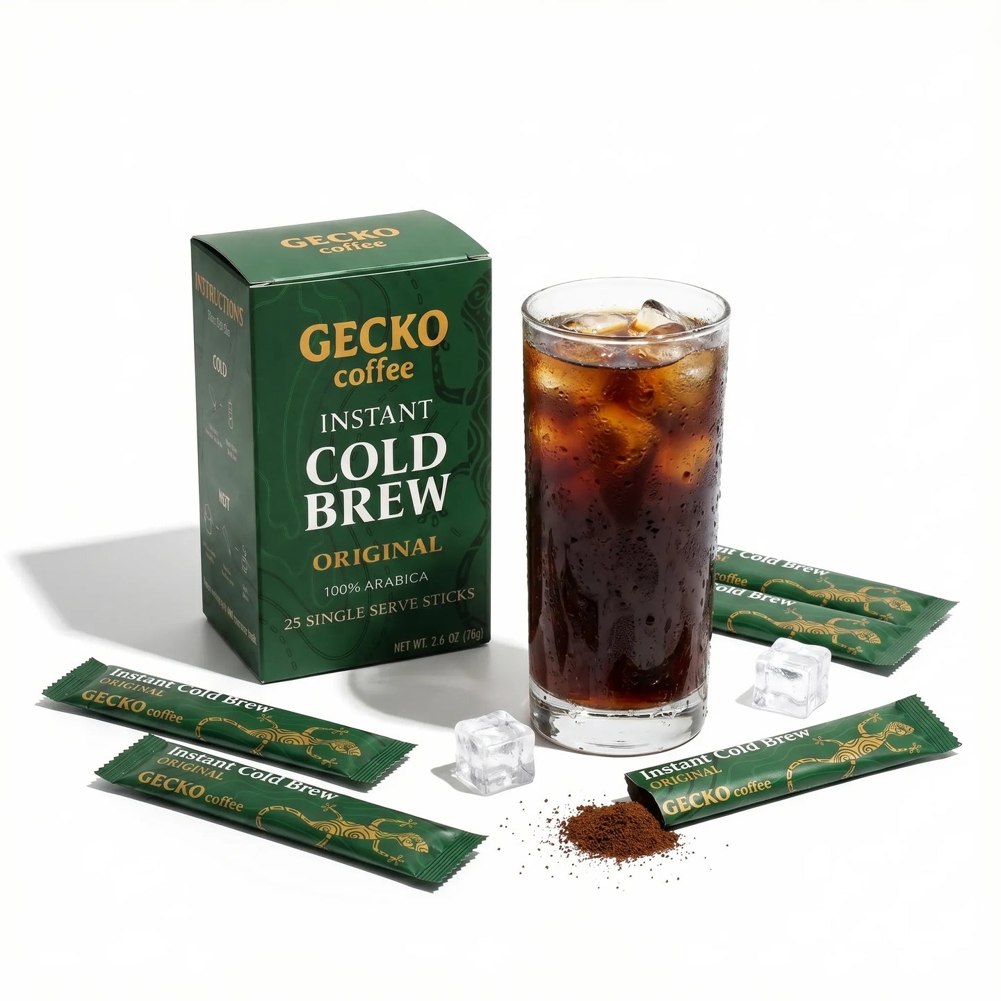 Gecko Coffee instant cold brew product with iced coffee